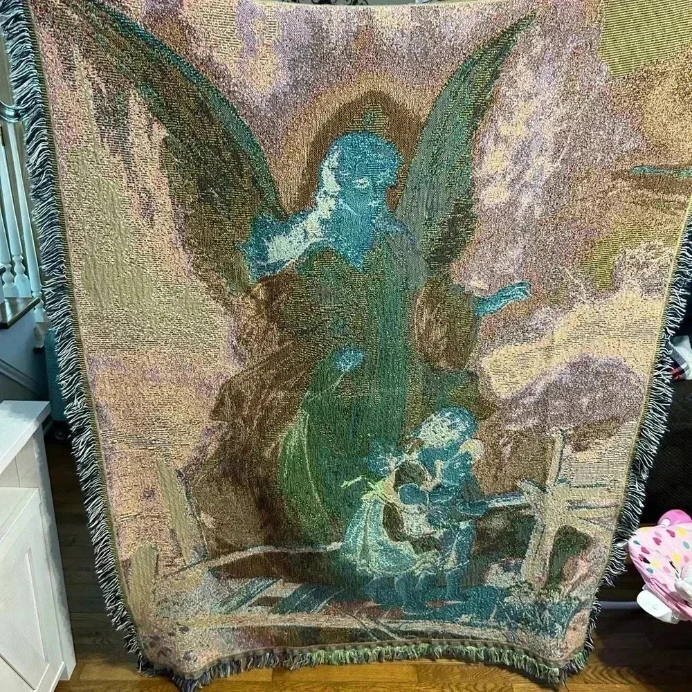 Guardian Angel & Children Crossing River Tapestry Throw 54"×48" Cotton Blend - Picture 2 of 3